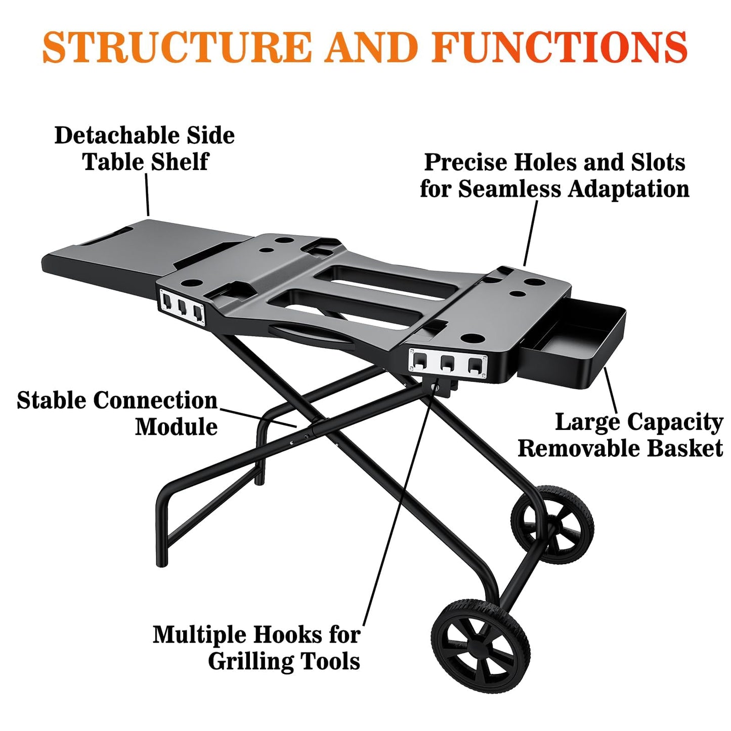 GRISUN Foldable Grill Cart for Ninja OG700–OG750 & Blackstone 22" | Portable BBQ Stand with Wheels, Side Table & Storage Basket