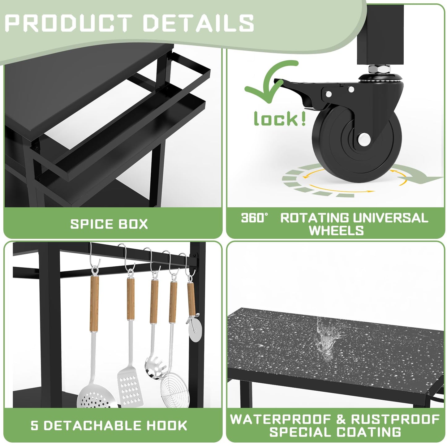 32"x 20" Stainless Steel Outdoor Grill Table, Movable Grill Cart, Outdoor Kitchen Island Prep Stand Station, Pizza Oven Table, Grill Stand Fits Griddle 17" 22", Rolling Bar Cart with 5 Utensil Hooks