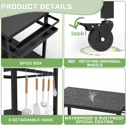 32"x 20" Stainless Steel Outdoor Grill Table, Movable Grill Cart, Outdoor Kitchen Island Prep Stand Station, Pizza Oven Table, Grill Stand Fits Griddle 17" 22", Rolling Bar Cart with 5 Utensil Hooks