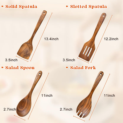 4Pcs Wooden Spoons for Cooking, Acacia Wood Kitchen Utensils Set for Nonstick Pans, Smooth Finish Cooking Utensils with Long Handle, Wooden Spatula for Cooking, Mixing, Baking