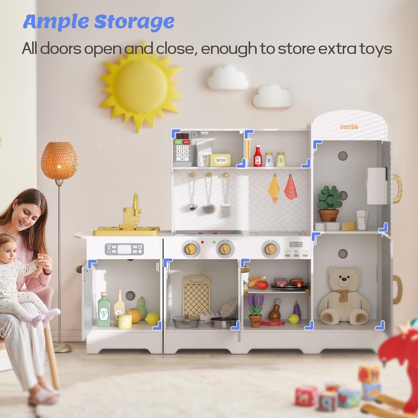 Play Kitchen for Kids, Wooden Play Kitchen with Toy Storage System, 21pcs Accessories Included, Oven Faucet, Microwave, Ice Maker, BBQ, with Lights & Sounds Kitchen Playset Gift for Ages 3+