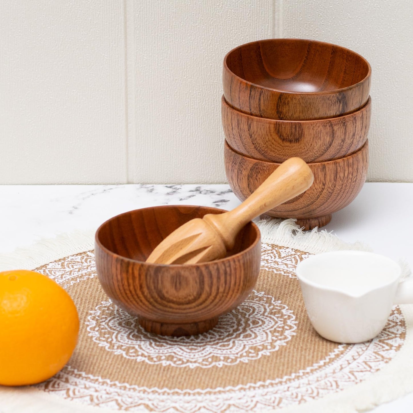 Cospring Handmade Wood Bowl, Mug, for Rice, Soup, Dip, Coffee, Tea, Decoration (4PCS Jujube Bowls, M: 4.5'' Dia x 2.6'' High)