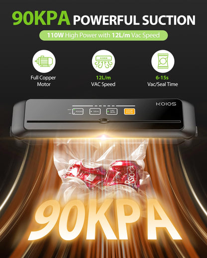 KOIOS Vacuum Sealer Machine, 90Kpa Automatic Vacuum Air food sealer/Built-in Cutter Starter Kit, Dry & Moist Food Preservation Modes, Pulse Function, LED Indicator Lights, Black