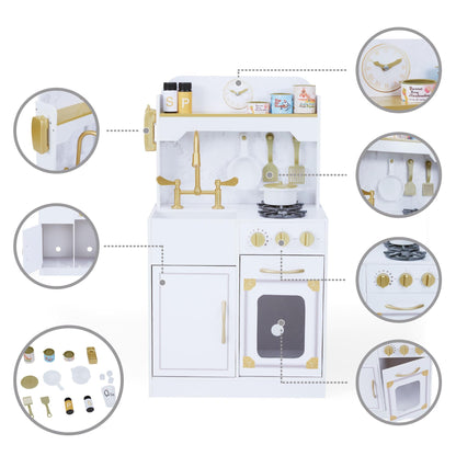 Teamson Kids Versailles Petite Classic Kids Wooden Interactive Play Kitchen, White with Faux White Marble and Gold