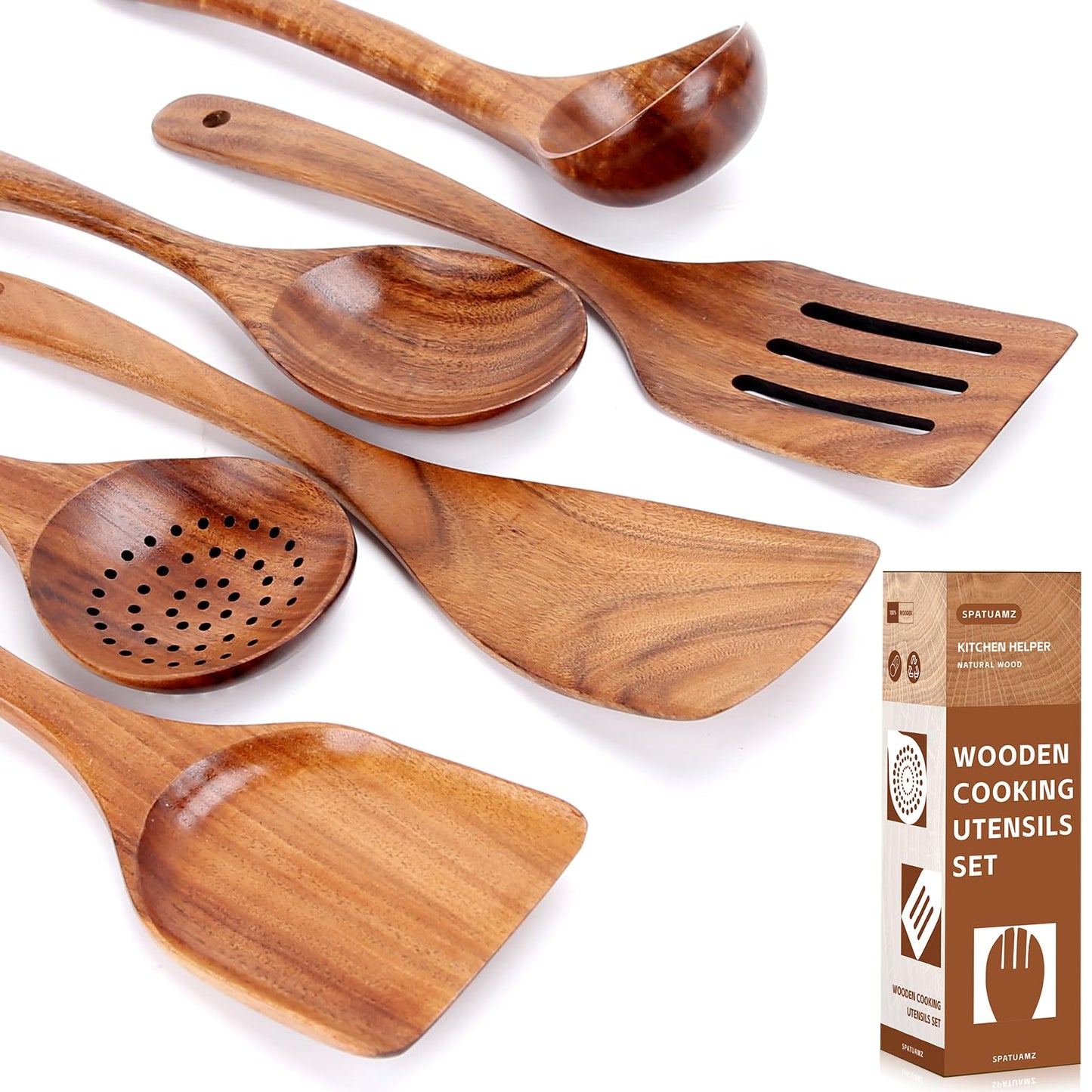 SPATUAMZ Wooden Cooking Spoons, Ladle and Spatula, Fine Polished Teak Wood Cooking Utensils Set of 6, Nonstick Wooden Kitchen Spoon & Spatula Set