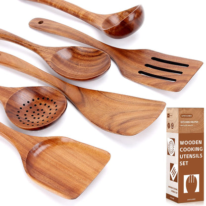 SPATUAMZ Wooden Cooking Spoons, Ladle and Spatula, Fine Polished Teak Wood Cooking Utensils Set of 6, Nonstick Wooden Kitchen Spoon & Spatula Set