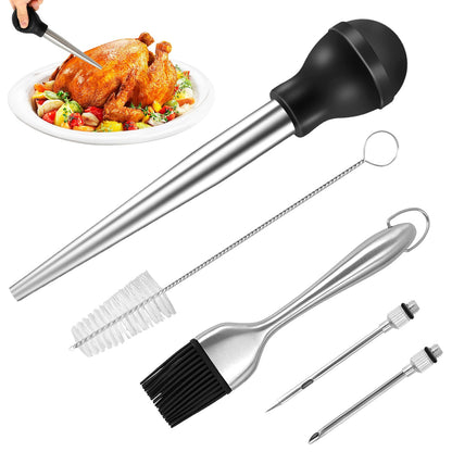 Stainless Steel Turkey Baster, Turkey Basters for Cooking, Turkey Baster Sets -Syringe, 2 Detachable Marinade Injector Needles, Cook and Cleaning Brush, for Flavor Meat Poultry, Beef & Chicken Cooking