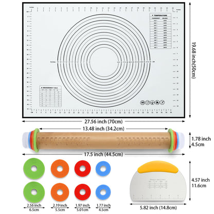 Unokit Rolling pin 3-Piece Set, 17.5" Rolling Pin with Adjustable Thickness Rings, Wooden Dough Roller, Rolling Pins for Baking Pizza, Pasta, Bread - Baking Essentials