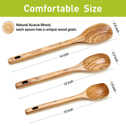 3 Piece Wooden Spoons for Cooking Spoon Set Wood Cooking Utensils Serving Spoon Kitchen Spatula Large Mixing Spoon Long Baking Ladle Bamboo Stirring Non Toxic Spoons Kitchen Tools Utensil