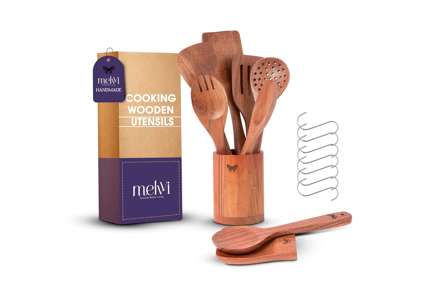 Wooden Kitchen Cooking Utensils Set | 9 Piece Spatula Set with Spoon Rest, Holder & 7 Hooks | Acacia Wood Non Toxic Serving Spoons