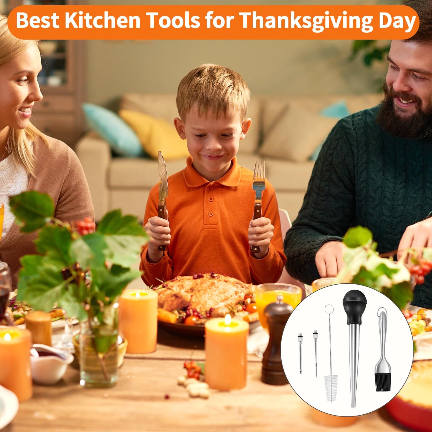 Stainless Steel Turkey Baster, Turkey Basters for Cooking, Turkey Baster Sets -Syringe, 2 Detachable Marinade Injector Needles, Cook and Cleaning Brush, for Flavor Meat Poultry, Beef & Chicken Cooking