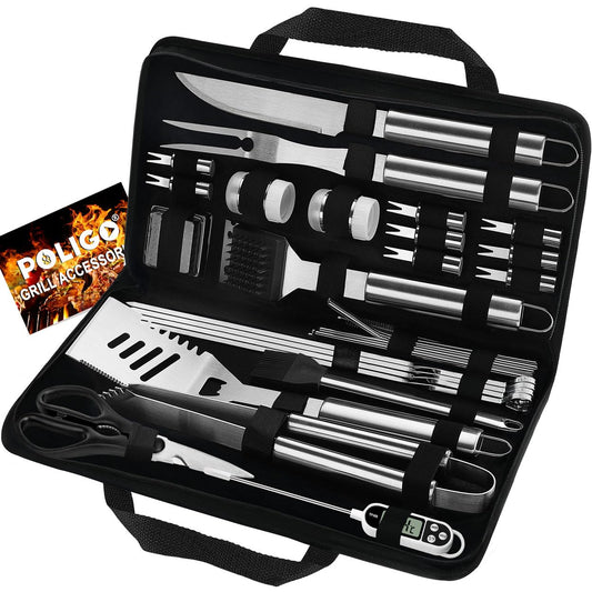 POLIGO 29 PCS BBQ Grill Accessories Stainless Steel BBQ Tools Grilling Tools Set with Storage Bag for Fathers Day Dads Birthday Presents - Camping Grill Utensils Set Ideal Grilling Gifts for Men Women