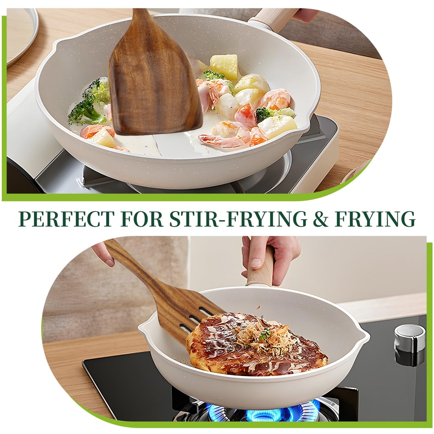 Bkiok Wooden Spatula for Cooking, Long Handle Teak Wood Spatula Set, Flat Turner and Slotted Spatula for Non-Stick Pans, Sautéing, and Flipping(2Pcs)