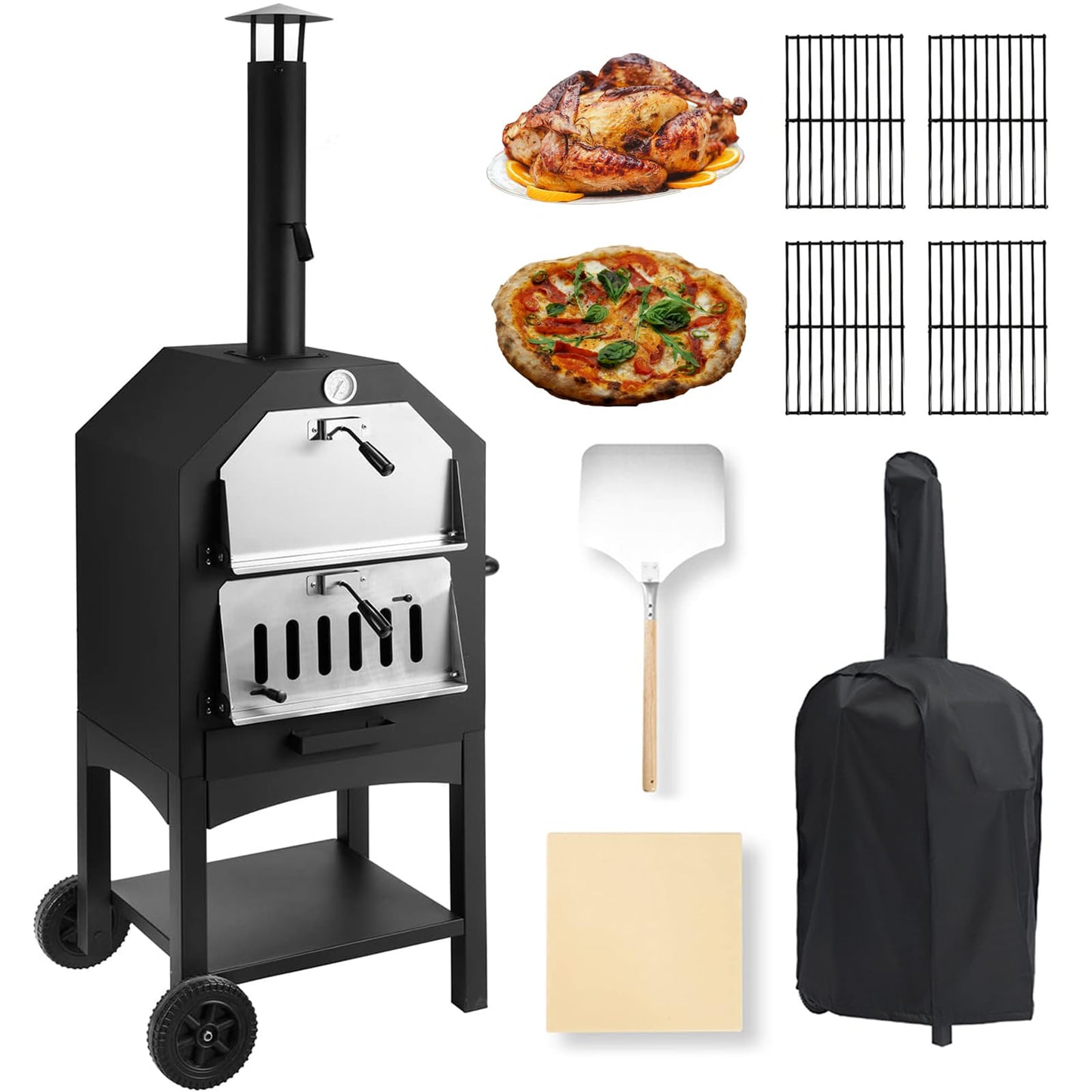 Dawmilon Pizza Oven Outdoor - Wood Fired Pizza Oven with Pizza Stone, Peel, Cover & Cooking Grids - Mobile Pizza Maker for Charcoal Grill, Backyard Parties, Camping