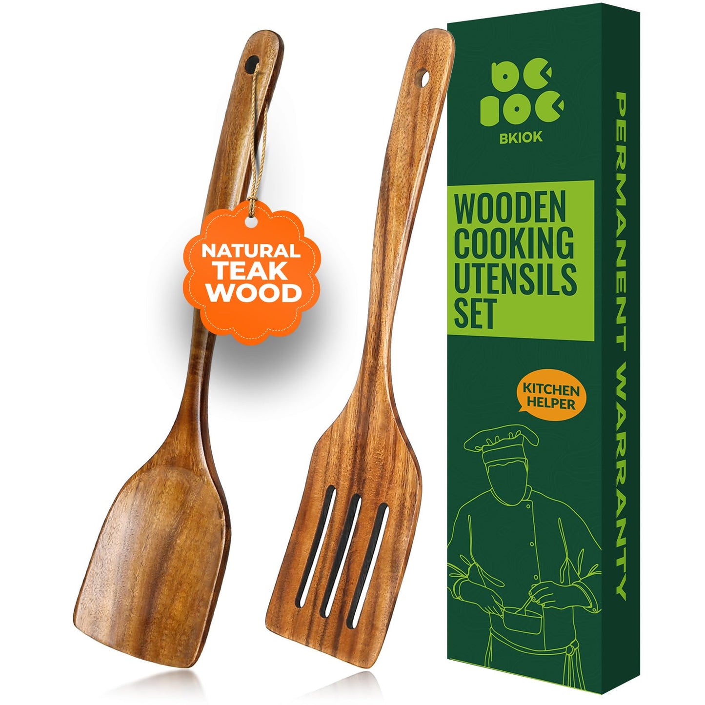 Bkiok Wooden Spatula for Cooking, Long Handle Teak Wood Spatula Set, Flat Turner and Slotted Spatula for Non-Stick Pans, Sautéing, and Flipping(2Pcs)