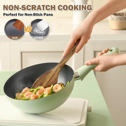 4pcs Wooden Spoons for Cooking Kitchen Utensils Set with 2PCS Aprons Natural Teak Wood Utensil Comfort Grip Wooden Spatulas for Cooking Non-Stick Wood Cooking Ladle Sets Kitchen Gadgets