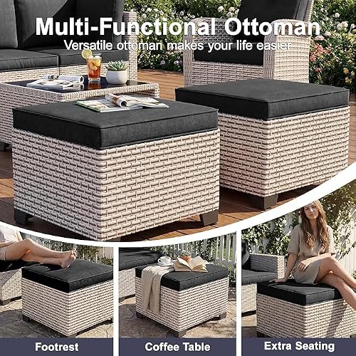 SnugVista Patio Furniture Set, 12-Piece Outdoor Sectional Sofa with Swivel Rocker Chairs & Ottomans, Wicker Patio Conversation Set with Coffee Table, Black Cushions