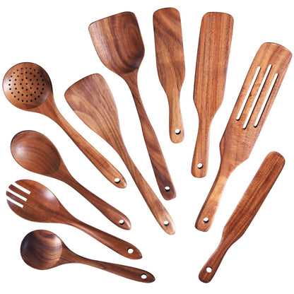 Wooden Spoons for Cooking,GUDAMAYE 10 PCS Wooden Kitchen Utensils Set,Wooden Cooking Utensils For Non-stick Pan,Teak Wood Utensils Set,Spurtles Kitchen Tools As Seen On Tv