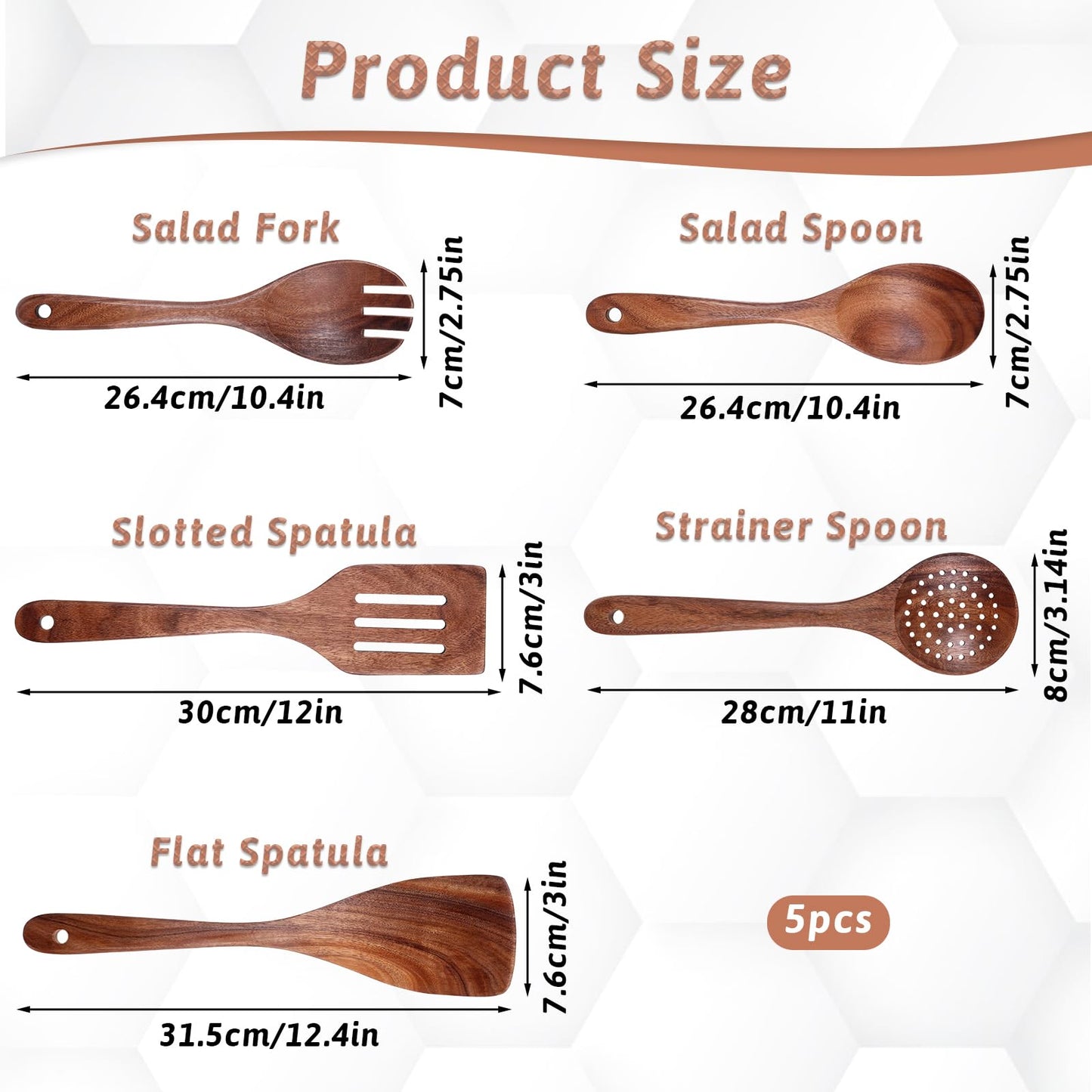 5 PCS Wooden Spatulas for Cooking Acacia Wood Kitchen Utensil Set Mixing Cook Spoons Non-stick Wooden Cooking Utensils Includes Wood Spatula Slotted Spatula Strainer Spoon Salad Spoon Salad Fork