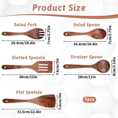 5 PCS Wooden Spatulas for Cooking Acacia Wood Kitchen Utensil Set Mixing Cook Spoons Non-stick Wooden Cooking Utensils Includes Wood Spatula Slotted Spatula Strainer Spoon Salad Spoon Salad Fork