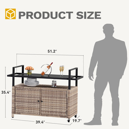 DWVO XL Outdoor Storage Cabinet,Patio Storage Table with Glass Top, Bar Table with Wheels,Outdoor Bar Cart for Patio, Poolside and Backyard,Light Brown