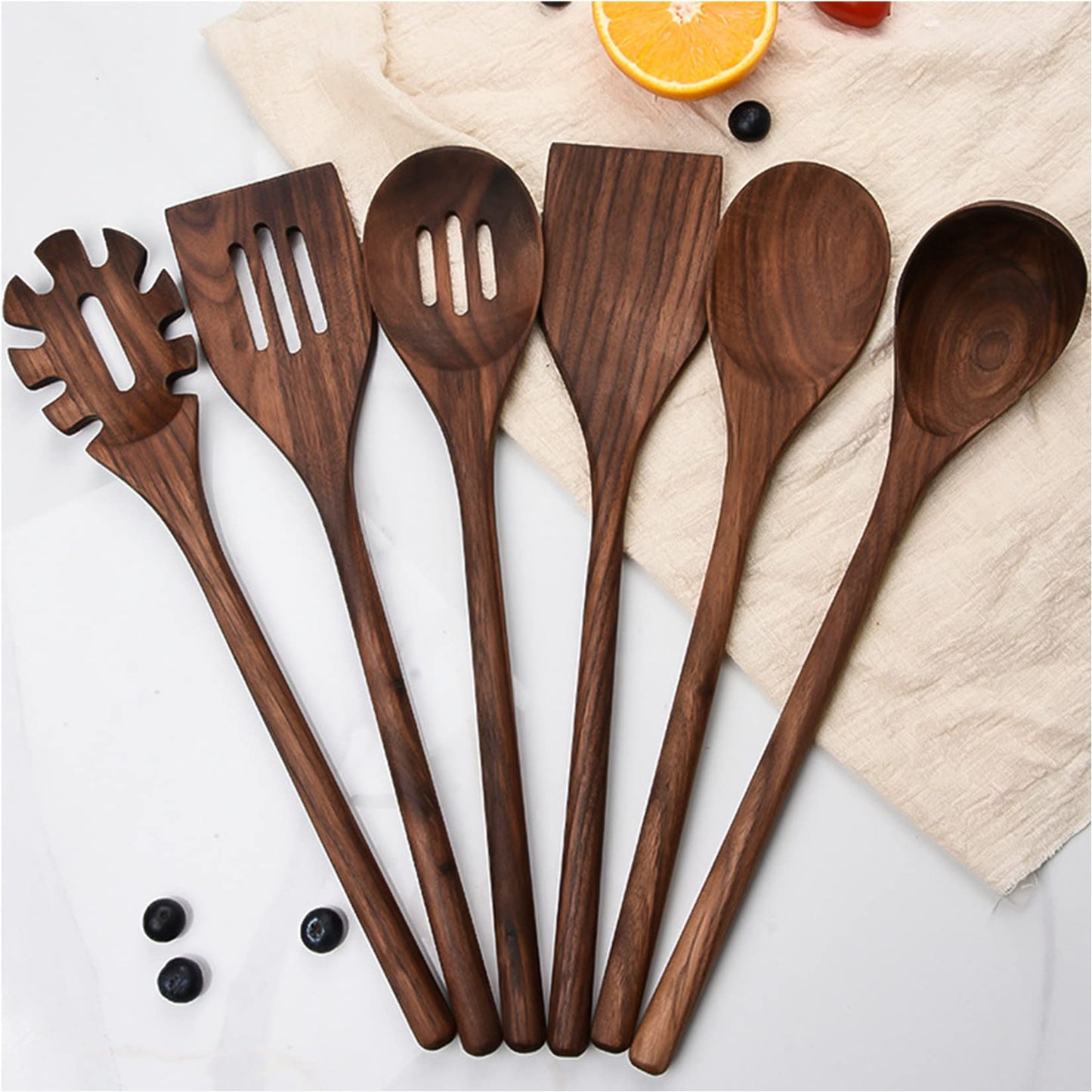 Wooden Kitchen Utensils Set for Cooking, 6 PCS Natural Black Walnut Cooking Utensils Wood Solid Spoon Slotted Spoon Spatula Slotted Spatula Spaghetti Server Set for Nonstick Cookware,6pcs