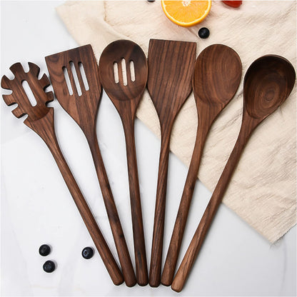Wooden Kitchen Utensils Set for Cooking, 6 PCS Natural Black Walnut Cooking Utensils Wood Solid Spoon Slotted Spoon Spatula Slotted Spatula Spaghetti Server Set for Nonstick Cookware,6pcs