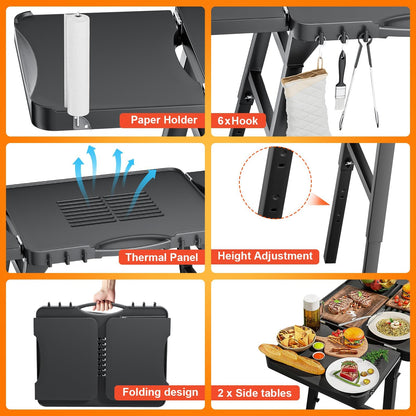 Grill Table Cart for Ninja Woodfire OG701 OG850 OG951, Pizza Oven Table Cart, Foldable Grill Stand for Ninja, Blackstone, Cuisinart, With Air Vent, Adjustable Height