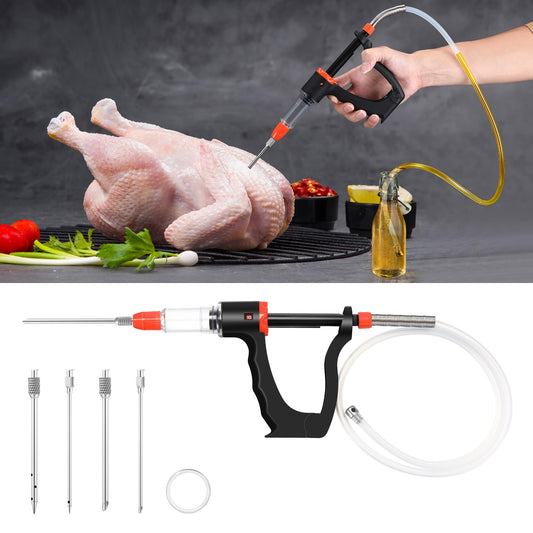 Dreyoo Marinade Injector Syringe for Smoking, Meat Injector Syringe with 3 Flow Settings, 4 Precision Needles & 33.46in Hose Ideal Meat Syringe Pump for BBQ, Smoking, Turkey and Holiday Feasts