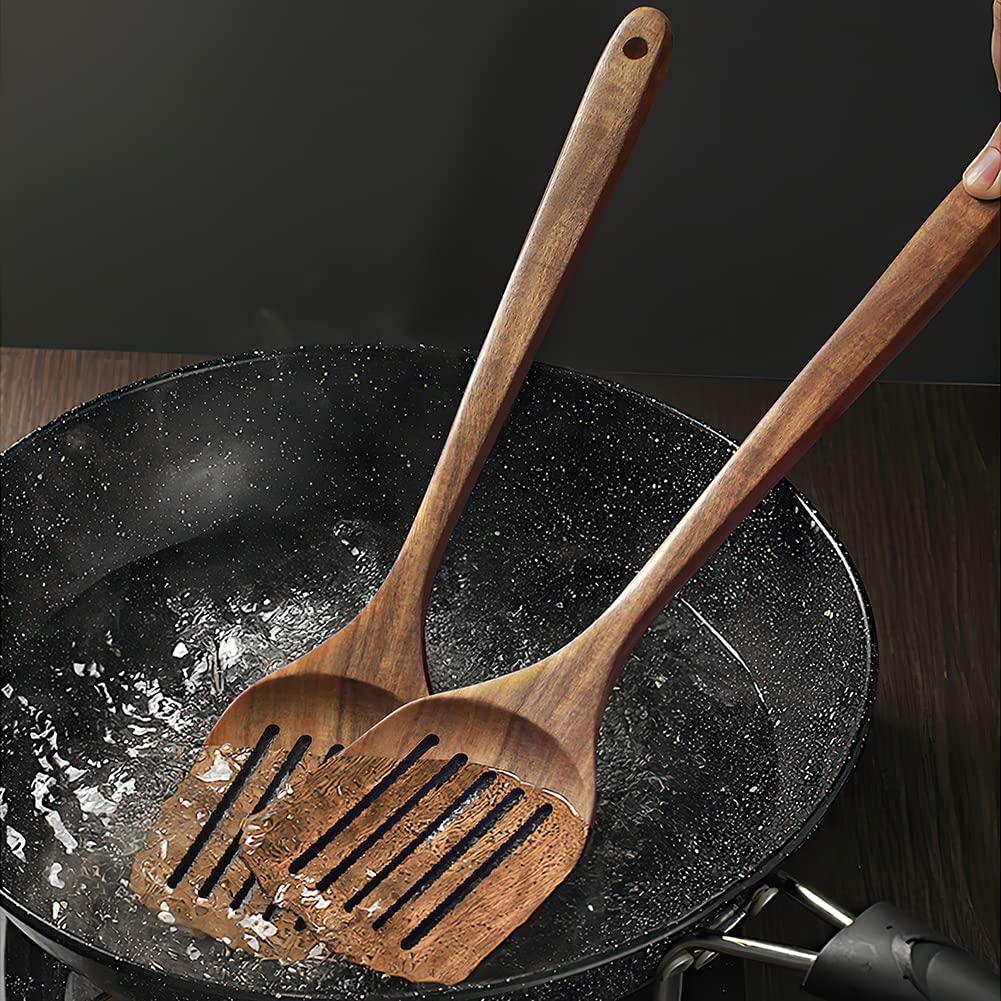 AYFDISHS Wooden Spatulas for Cooking, Handmade Natural Acacia Cooking Rice Paddle, Slotted Spatula for Nonstick Cookwares, Set of 2