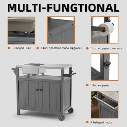 TORVA All in One Outdoor Grill Cart with Sink,Cabinet and Cover, 42 inch Freestanding Modular Kitchen Sink Station in 304 Stainless Steel&HDPE, All Weather Use BBQ Table, Grey