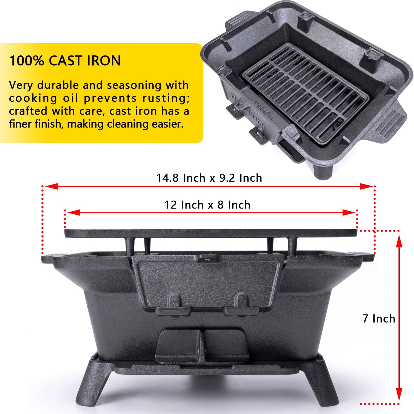 Hibachi Grill Outdoor, Portable Small Charcoal Grills, 100% Cast Iron, Mini Japanese Yakitori Tabletop Skillet Grill Stove for Outdoor Camping - Coal Door, Draft Door