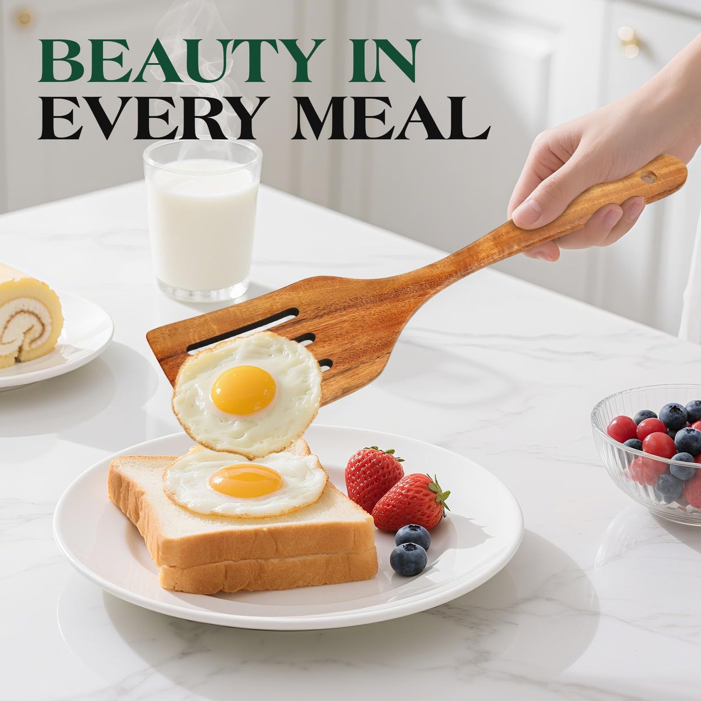 Bkiok Wooden Slotted Spatula for Cooking, Handmade Teak Wood Flat Frying Spatula Turner for Nonstick Cookware