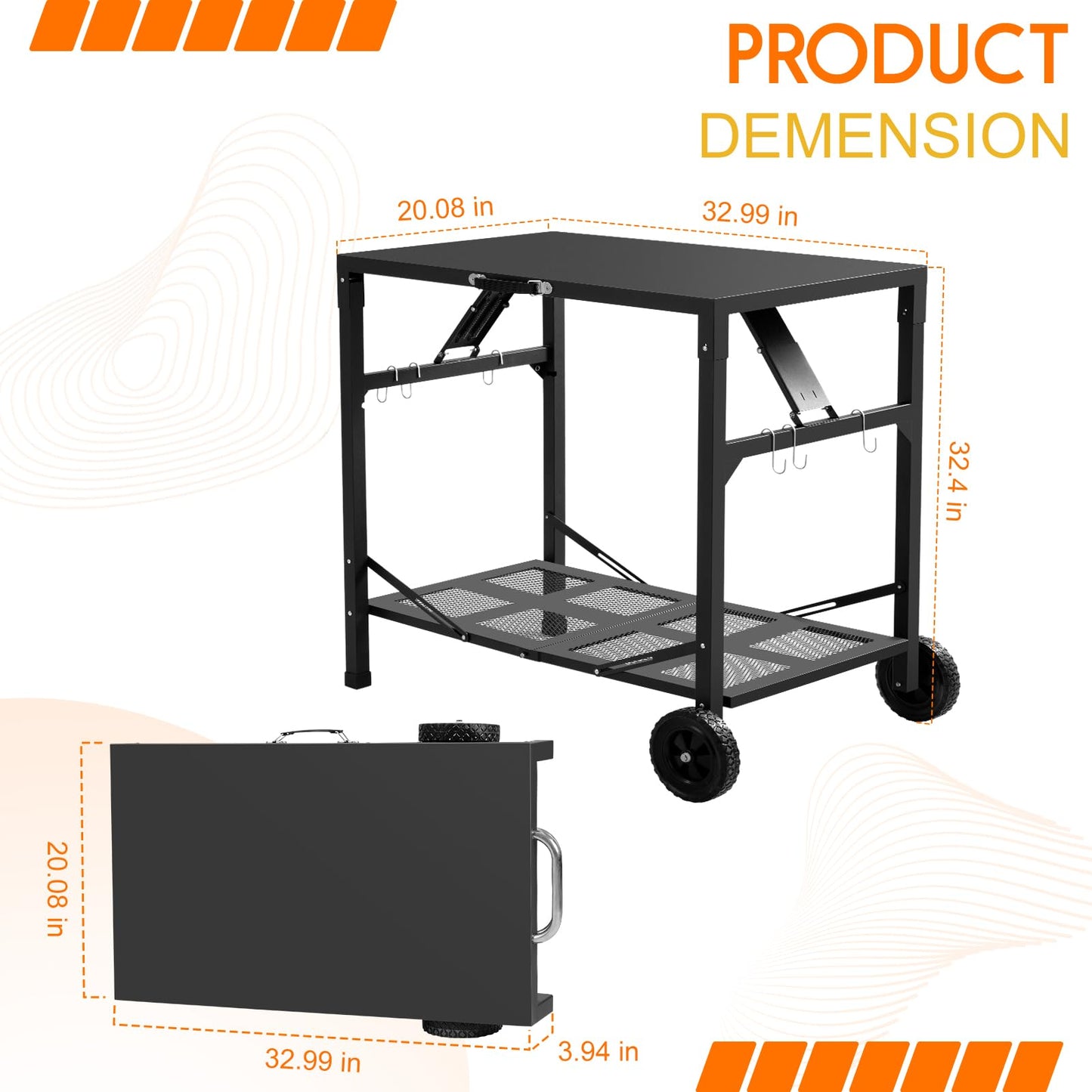 KHAMAL Grill Cart Outdoor with Wheels - Foldable Pizza Oven Stand Table, Portable Dining Cart Table for Outdoor, BBQ, Indoor, Kitchen(Black with Silver Handle)