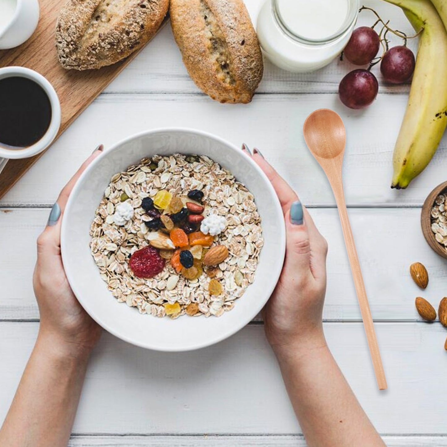 Gjinxi 2Pcs Natural Wood Long Handle Spoons, Wooden Tasting Spoon, Birch Handcraft from Teak, Mixing Honey Spoon for Coffee, Tea, Milkshake Kitchen Stirring