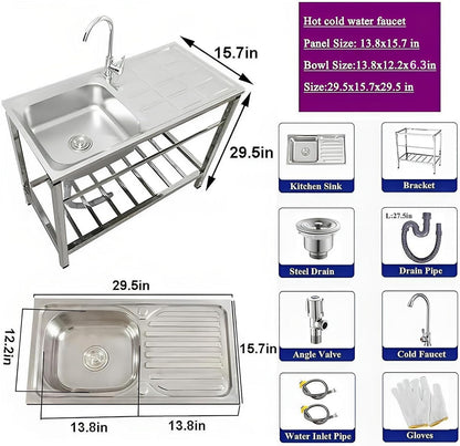 Utility Sinks Free Standing Stainless Steel Outdoor Laundry Tub, Single Bowl Washing Hand Basin Station Sink, with Storage Shelves for Garage, Restaurant, Kitchen, Bar, Garage, Backyard Handwashing (