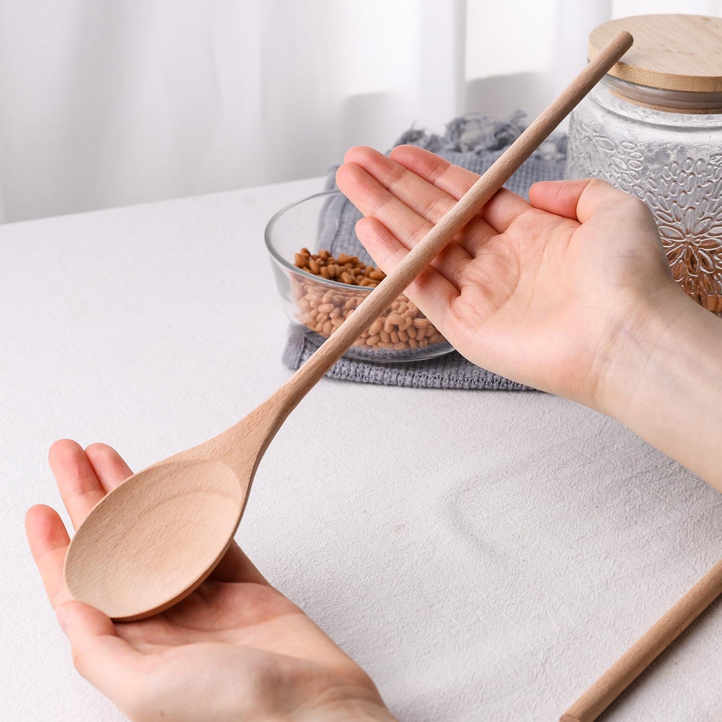 HANSGO Wooden Spoons for Cooking, 10 Inch Mixing Wood Spoon with Long Handle Serving Utensil Set for Kitchen Cooking and Stirring, 3PCS