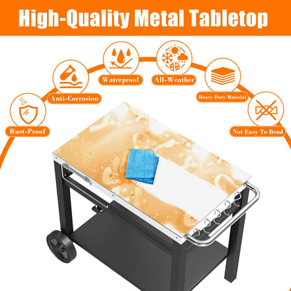 GRILL FORCE Outdoor Grill Table, Movable Dining Cart, Pizza Oven Table Stand, Double-Shelf Grill Stand, Food Prep and Work Cart with Wheels, Hooks, Fits for Blackstone Ninja