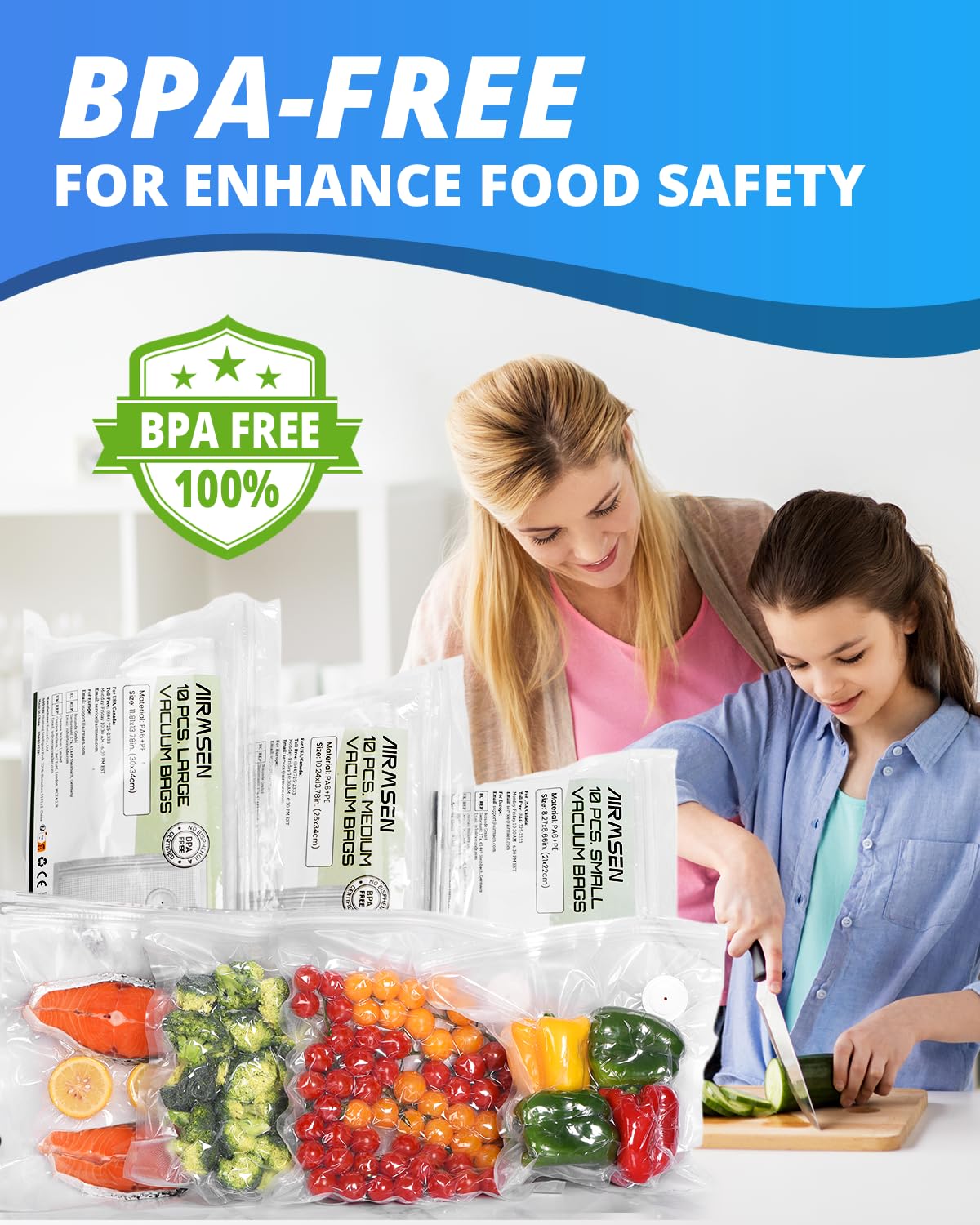 AIRMSEN Reusable Vacuum Sealer Bags 10 PCS - Fits AIRMSEN, Chef, FoodSaver and Most Handheld Sealers - BPA Free Food Saver Bags for Meal Prep, Sous Vide, Marinator - 5L (13.8"x 11.8")