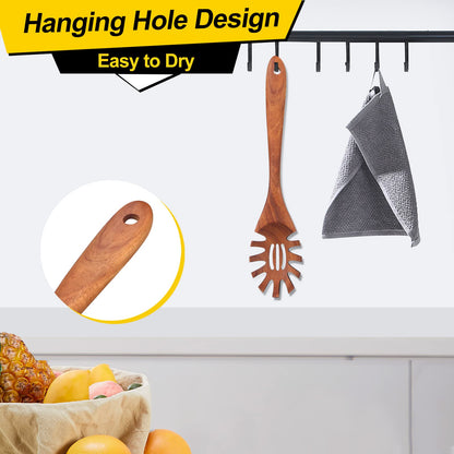 Wooden Pasta Spoon with Teeth Spaghetti Fork Tongs 12.5 Inch Pasta Forks Serving Utensils Acacia Wood Spaghetti Server Spoons Ladle Pastas Spatula Kitchen Tool Spaghettis Scoop Strainer Noodle Spoon