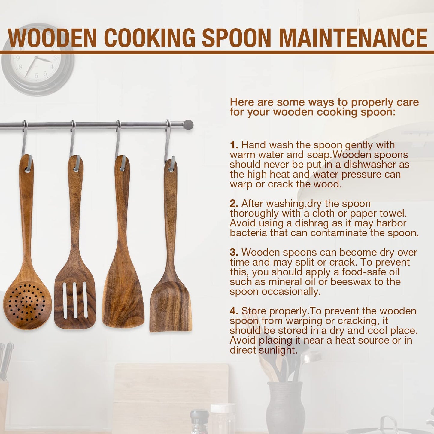 Teak Wood Cooking Utensils Set - 9-Piece Nonstick Safe Kitchen Utensils with Holder, Spoon Rest & 6 Metal Hooks, Natural Wooden Cookware for Nonstick Pans (Premium Durable Utensil Set