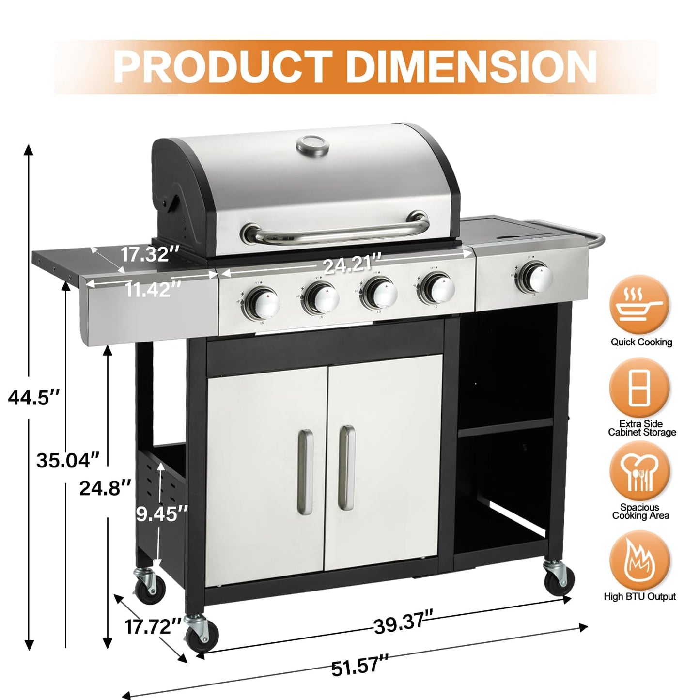 4-Burner Propane Gas Grill with Side Burner & Cabinet - 49,000 BTU Stainless Steel BBQ Grill, Porcelain-Enameled Cast Iron Grates for Outdoor Cooking, Patio & Backyard