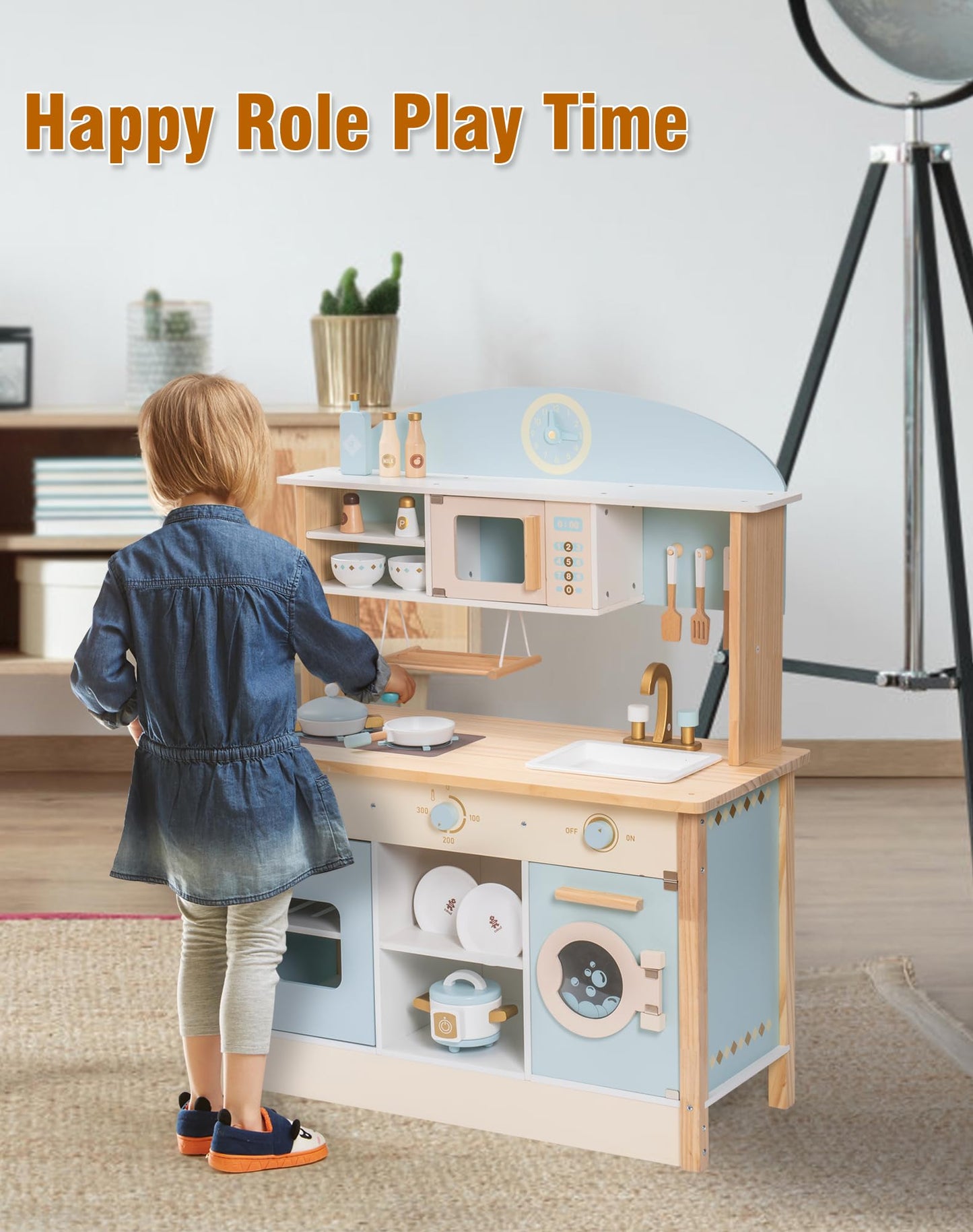 ROBOTIME Wooden Kitchen for Kids Play Kitchen, Toy Kitchen Set for Kids Kitchen Playset with Plenty of Play Features, Realistic Toddler Kitchen Set, Gift for Girls Boys Ages 3+