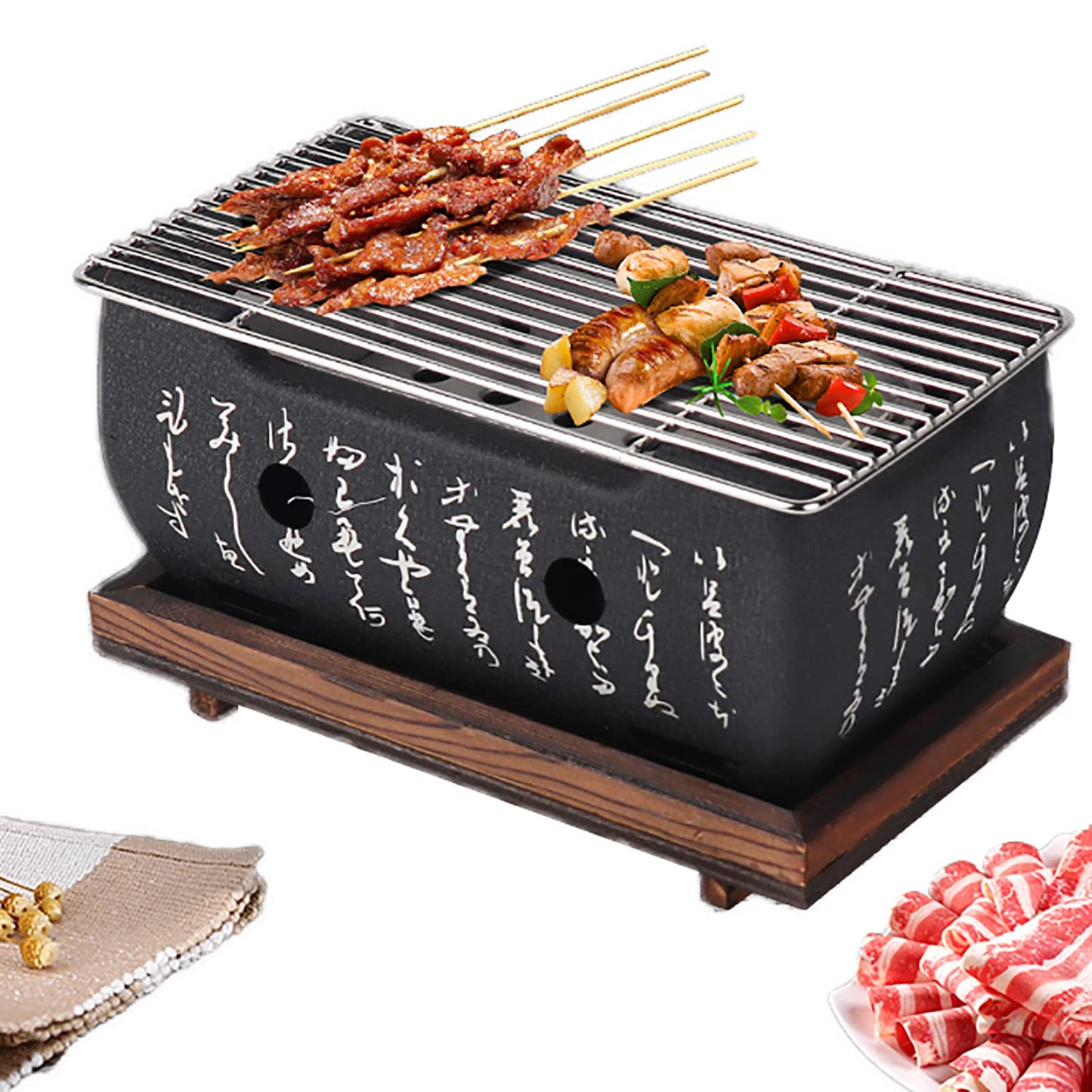 Hibachi Grill, Japanese BBQ Grill Portable Japanese Charcoal Grill Barbecue Stove Barbecue Stove with Wooden Base for Home Party (Size 24X12.5cm)