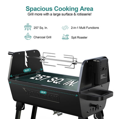 Brand-Man 2-in-1 Charcoal BBQ Grill & Motorized Rotisserie, Outdoor Portable Grill with Spit Roaster for Camping & Tailgating, Foldable, Adjustable Height, Dual Vents