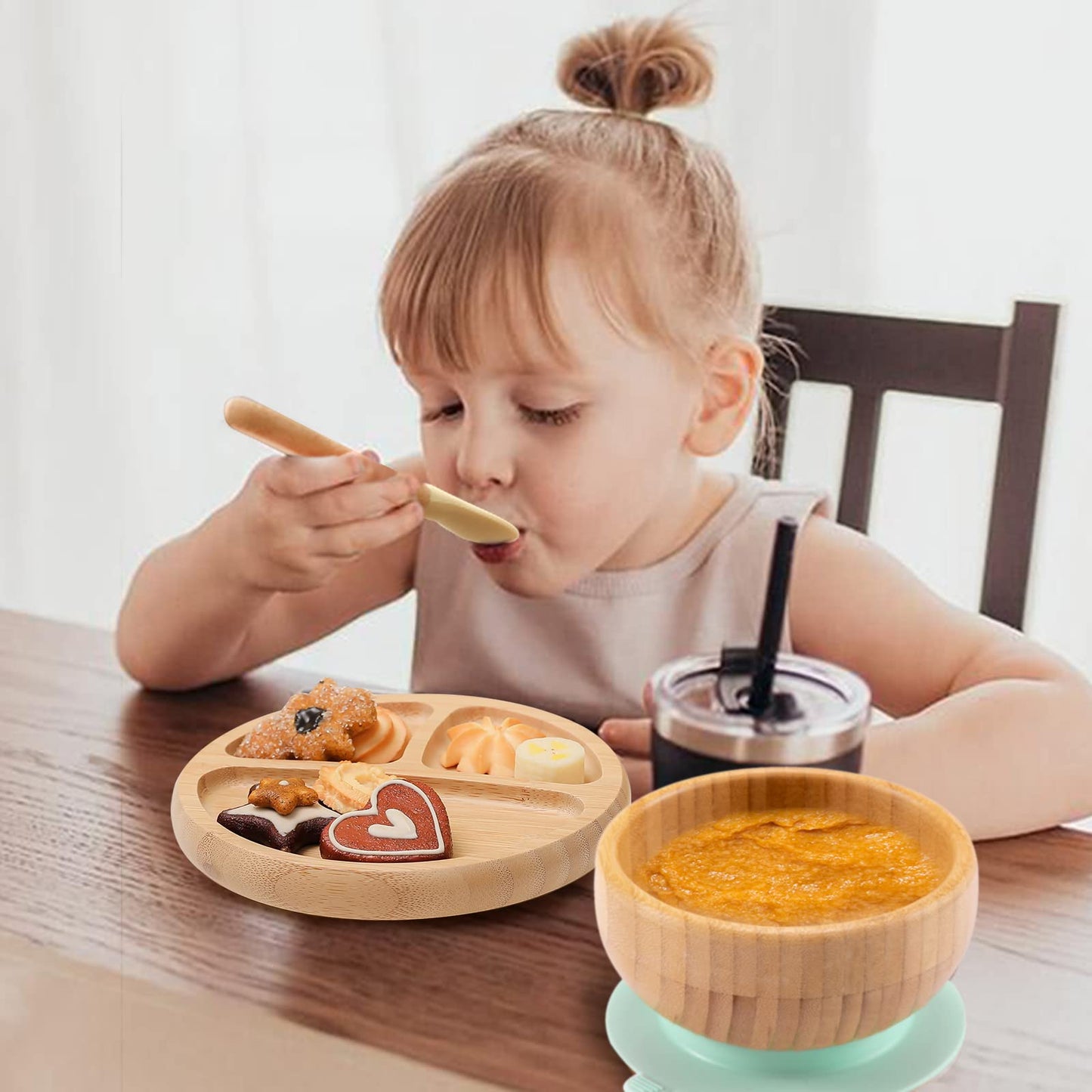 Toddler Bamboo Plates, Bowls and Spoon Set, Wooden Feeding Utensils for Infant’s Easy Self Eating at 1 Stage, Stay Put Silicone Suction Plate and Bowl and Soup Spoon for Baby Led Weaning