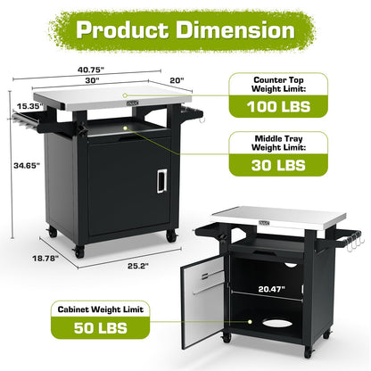NUUK Grill Carts Outdoor with Enclosed Cabinet and Storage Drawer, Portable Patio Bar Cart with Wheels Stainless Steel Kitchen Storage Island 20" x 30" Rolling Prep Station for BBQ, Deck, Backyard