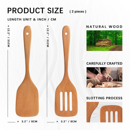 Hefild 2PCS Wooden Spatulas for Cooking, 12 inch Wood Spatulas Set with Flat Wood Spatula & Slotted Spatula – Beech Cooking Utensils for Nonstick Pans – Wooden Spoons for Cooking