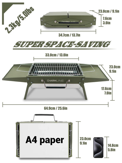 Charmline 14x9inch Small Desktop Charcoal Grill, Liftable Grilling Net, Saving Space Grill for Indoor and Outdoor, BBQ Grill for Camping, Gardens, Picnics, Beach Parties, Green