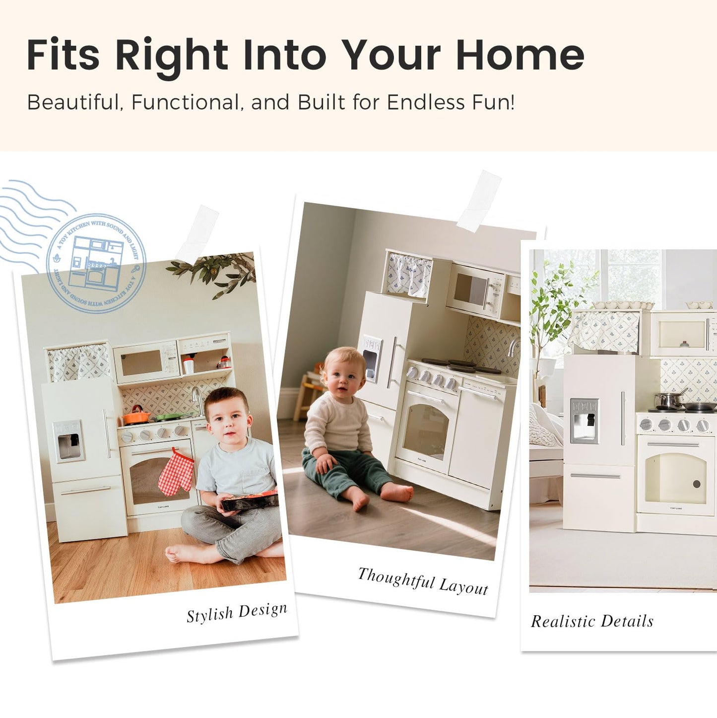 Tiny Land Play Kitchen for Kids, Upgraded Wooden Kitchen Toy with Complete Play Areas, Pretend Cooking Set with Sink, Stove, Microwave, Toy Coffee Station & Storage for Kids Ages 3+